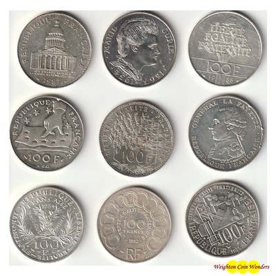 10 x 1980's France 100 Francs Silver Coins